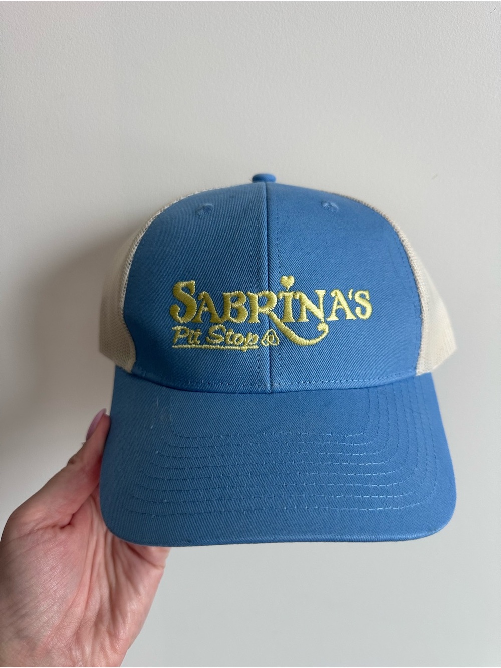 Sabrina's Pit Stop Blue and Cream Trucker Hat